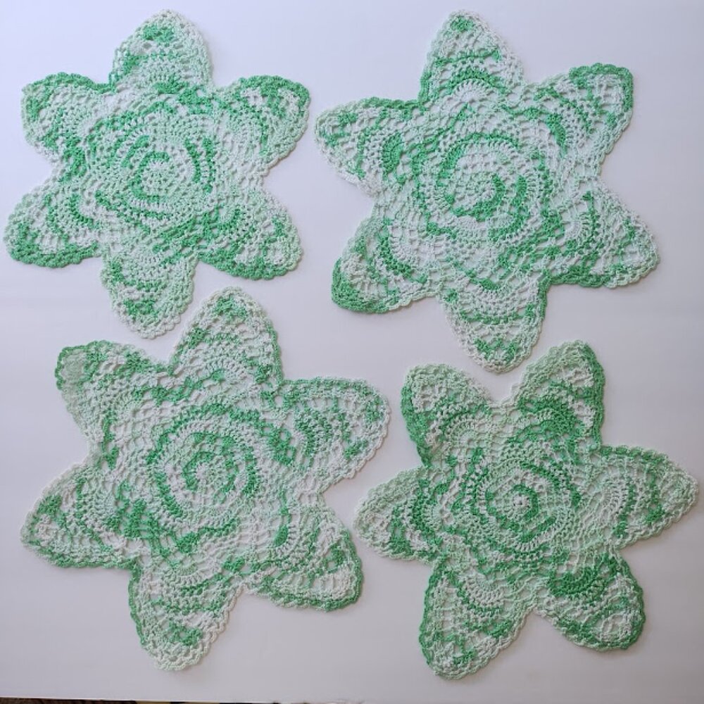 Vintage Handmade Crocheted Doilies in White and Green Set of 4